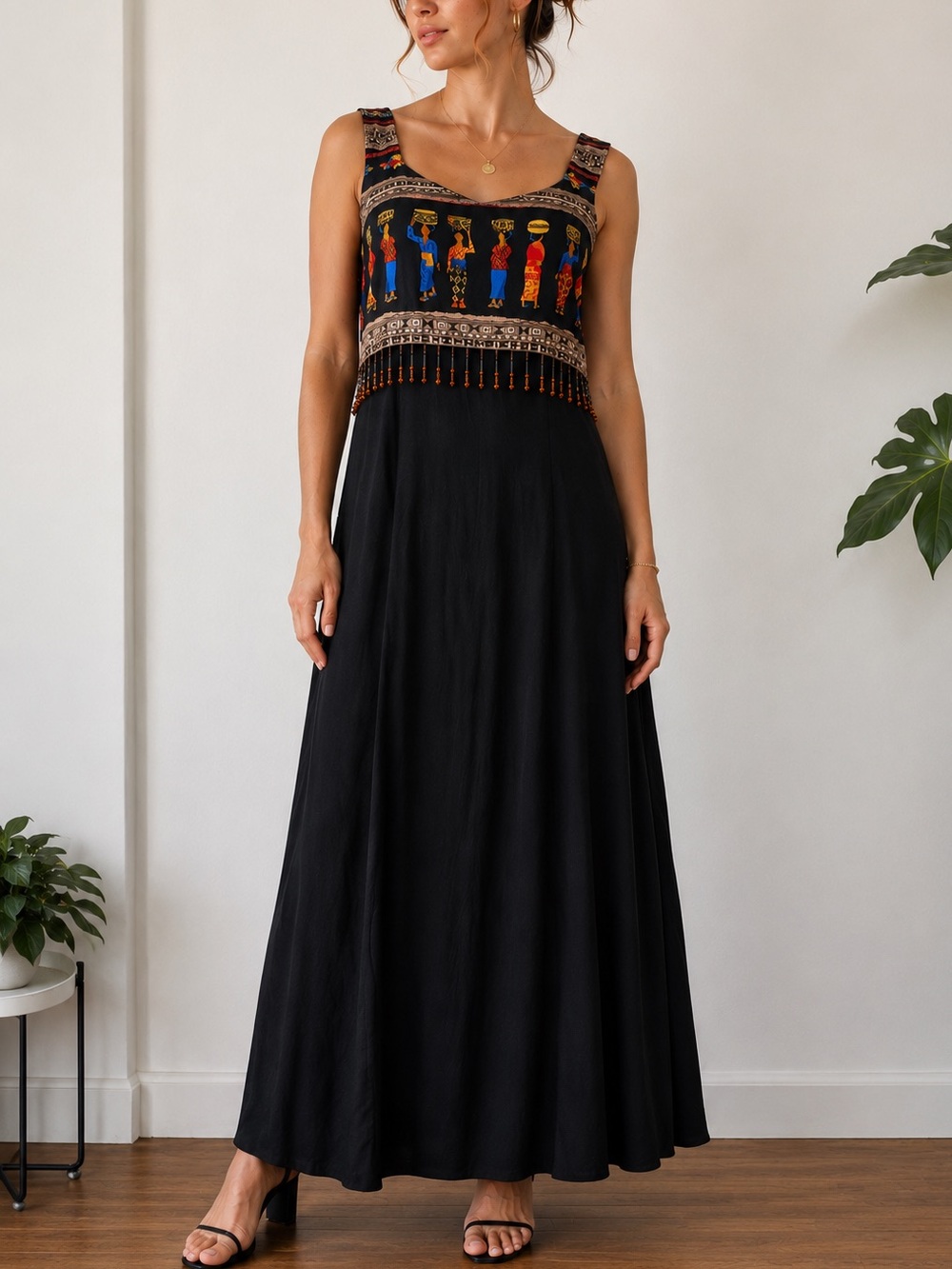 Vintage Just Choon California Ethnic Novelty Print Beaded Fringe Maxi Dress, 5